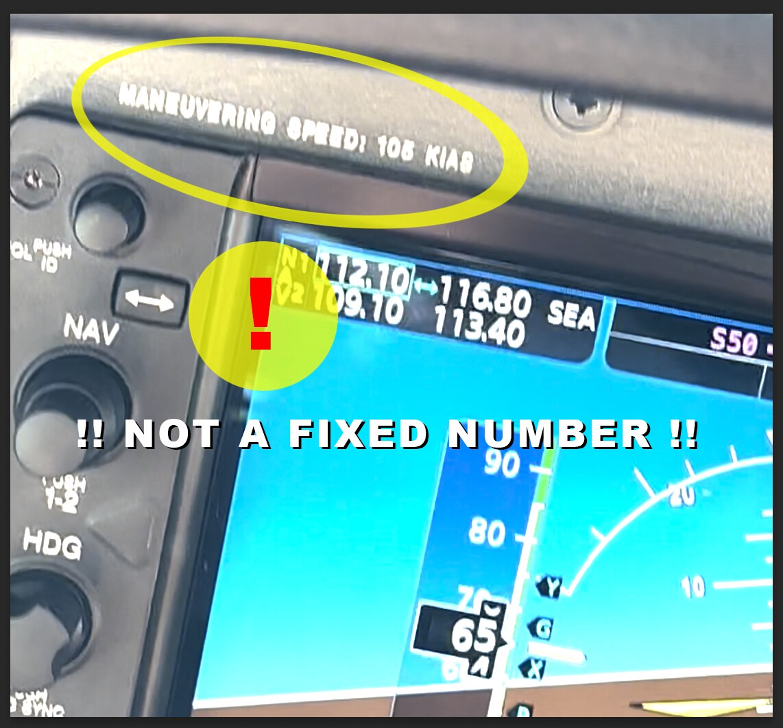 Cessna panel placard reading Maneuvering Speed 105 KIAS with a yellow caution sign highlighting it